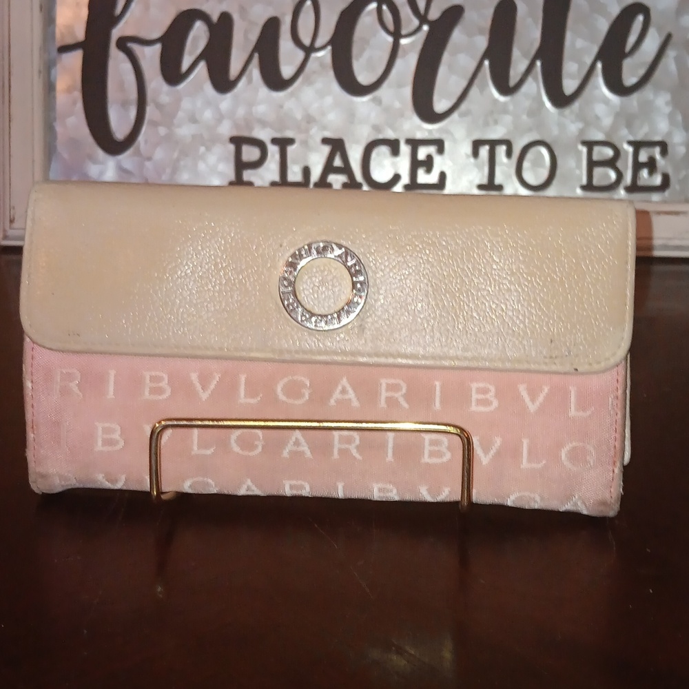 BVLGARI PINK CANVAS AND LEATHER LONG TRIFOLD WALLET